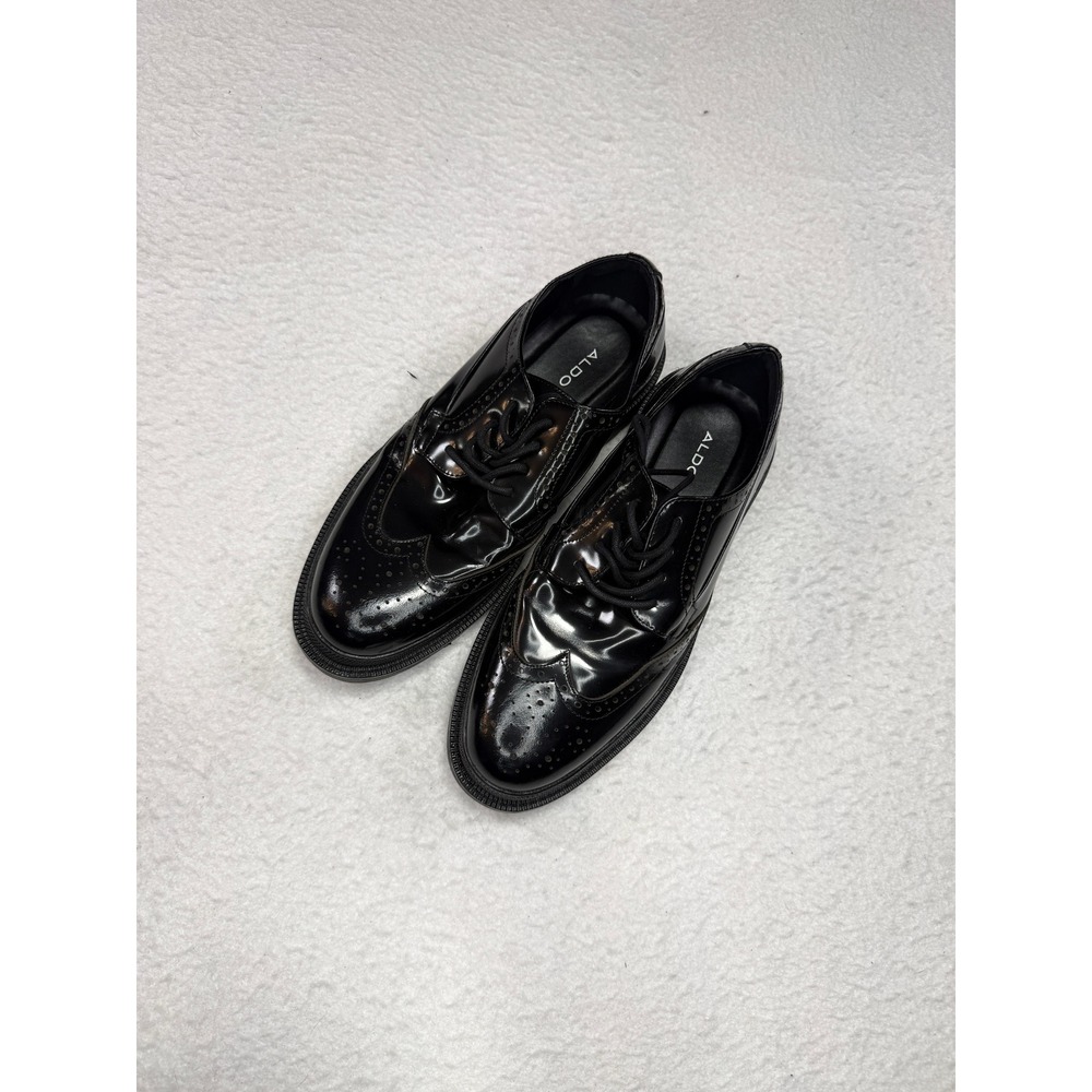 Aldo Mens Black Patent Wingtip Brogue Oxford Platform Lug Sole Dress Shoes 9